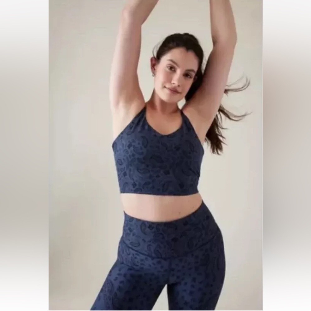 Athleta Elation V-Neck Crop Bra D-DD Women's Size XL Merlot Paisley Dress Blue